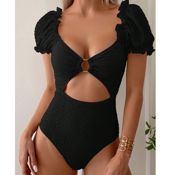 Boho Scoop Neck Puff Sleeve Cut out One Piece Swimsuit Monokini - Picture 8 of 8